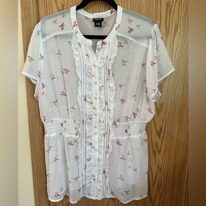 torrid White Sheer Ruffle Button-Front Blouse with Pink Floral Print